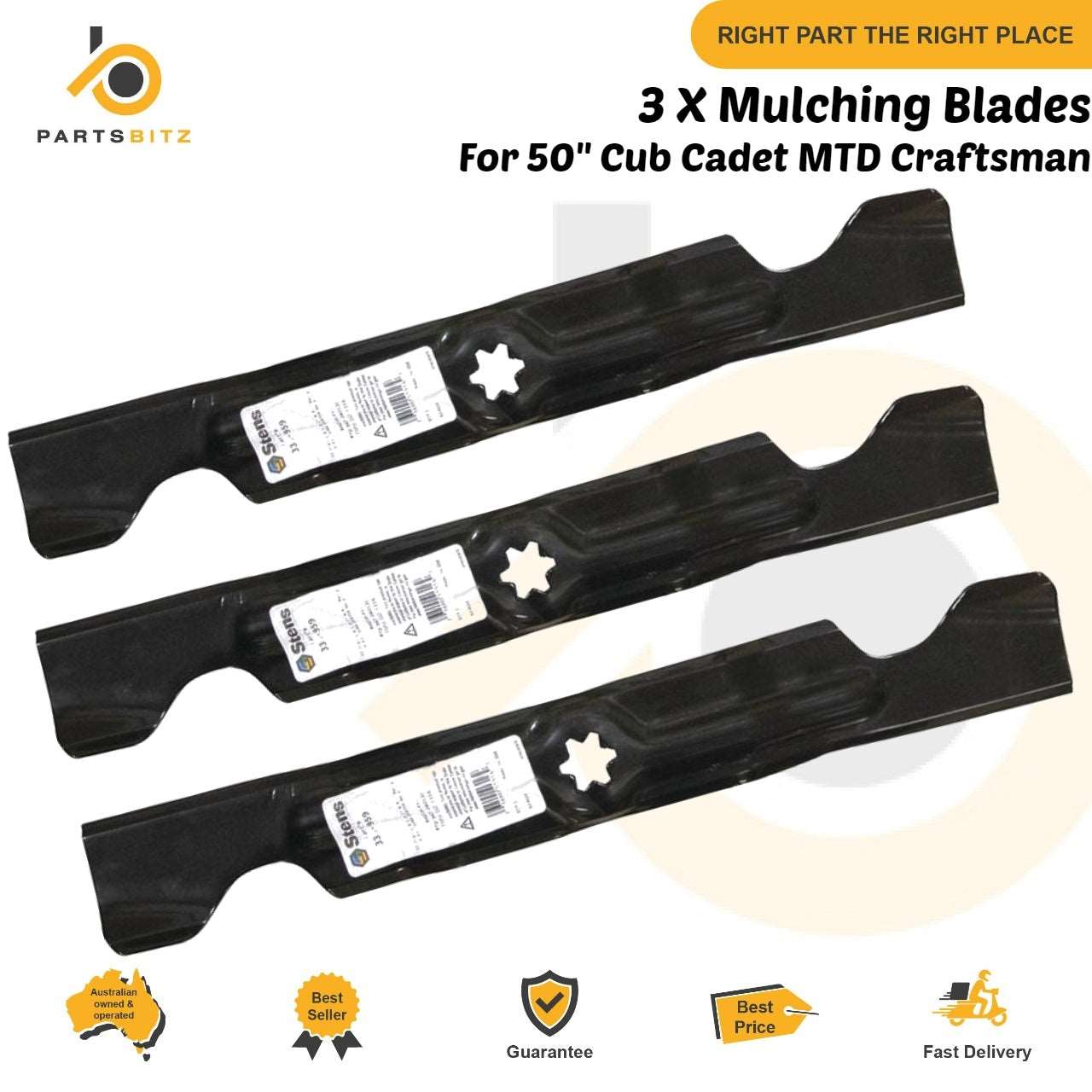 3 X Mulching Blades fits 50" Cub Cadet MTD Ride on Mower 742-04053 942-04053 B