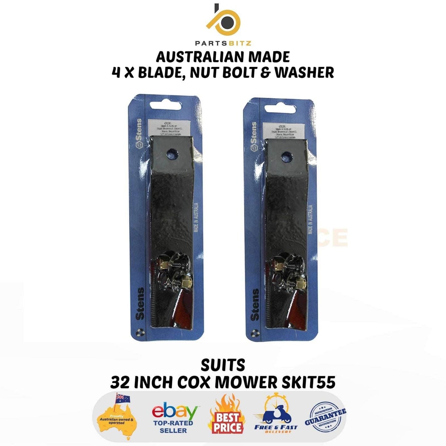 AUS Made 4 X Blades Bolt Sets for 32 Inch Cox Lawnboss Orion Xl Nova Mower SKIT55 - Lawn Mower Blades - 34.25 - Lawn Mower Blades