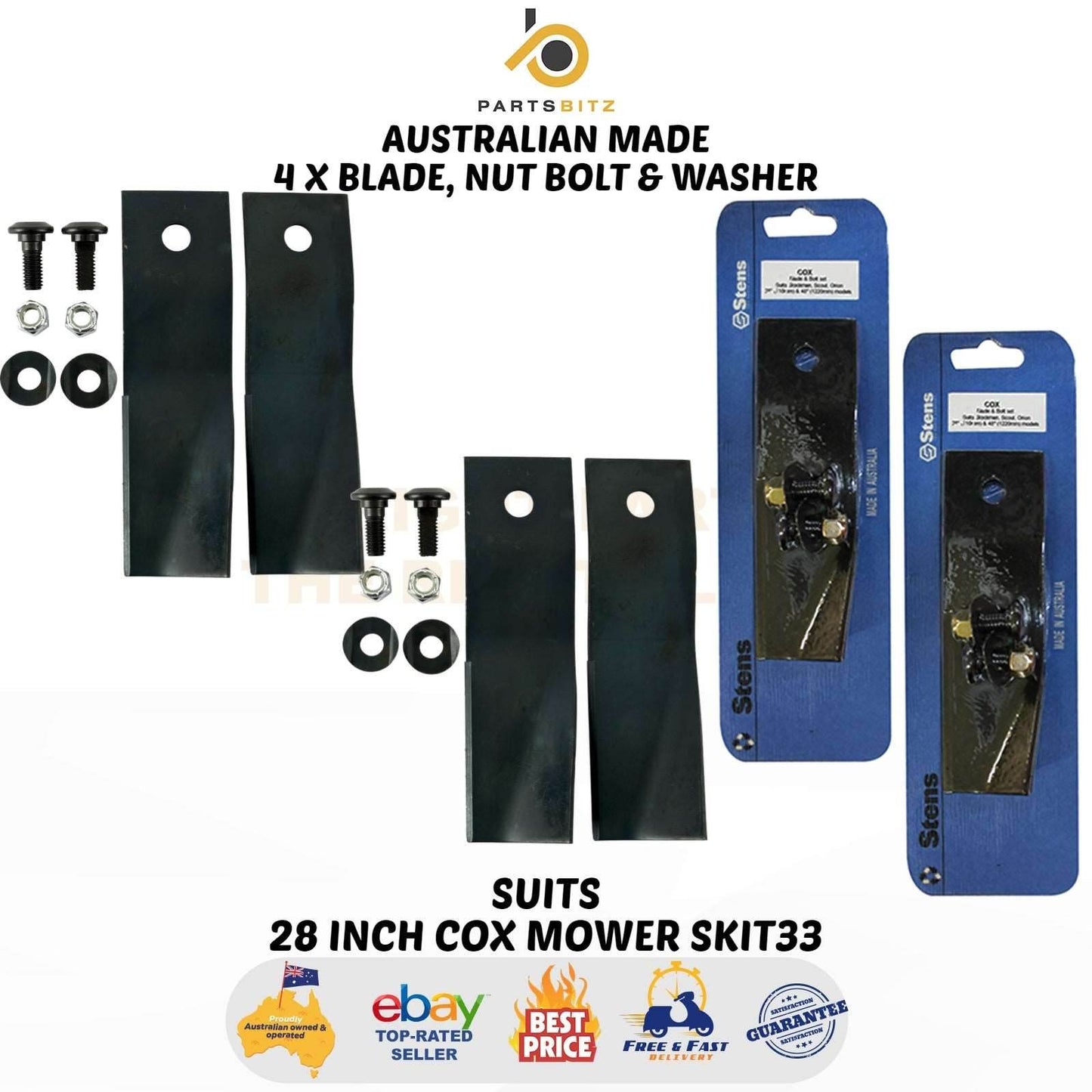 Australian Made 4 X Blades & Bolts Set for 28 Inch Cox Mower SKIT33 - Lawn Mower Blades - 30.50 - Lawn Mower Blades