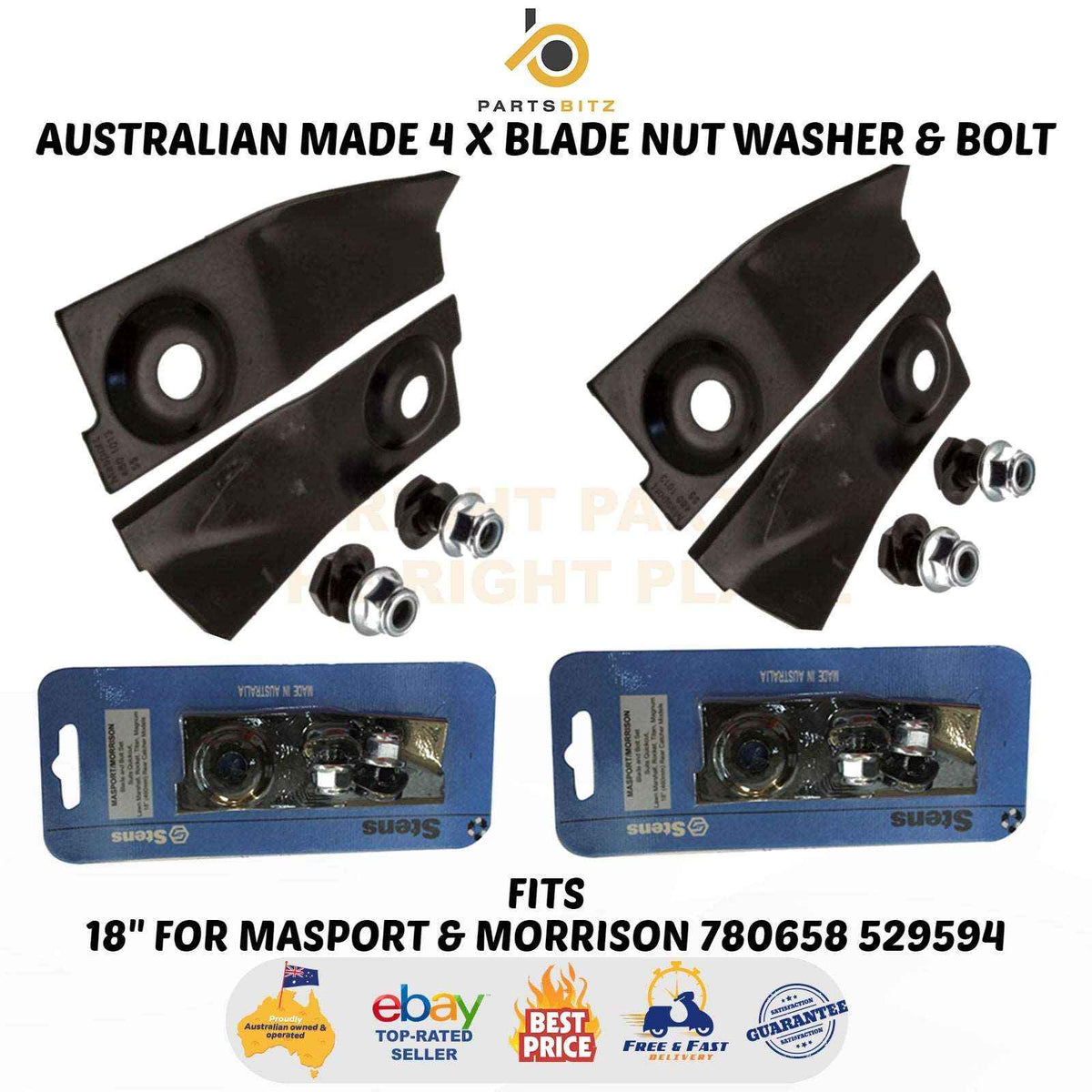 AUS MADE 4 X Blades, Bolt Kit Fits 18" Masport & Morrison Mowers 780658 529594 - Parts bitz