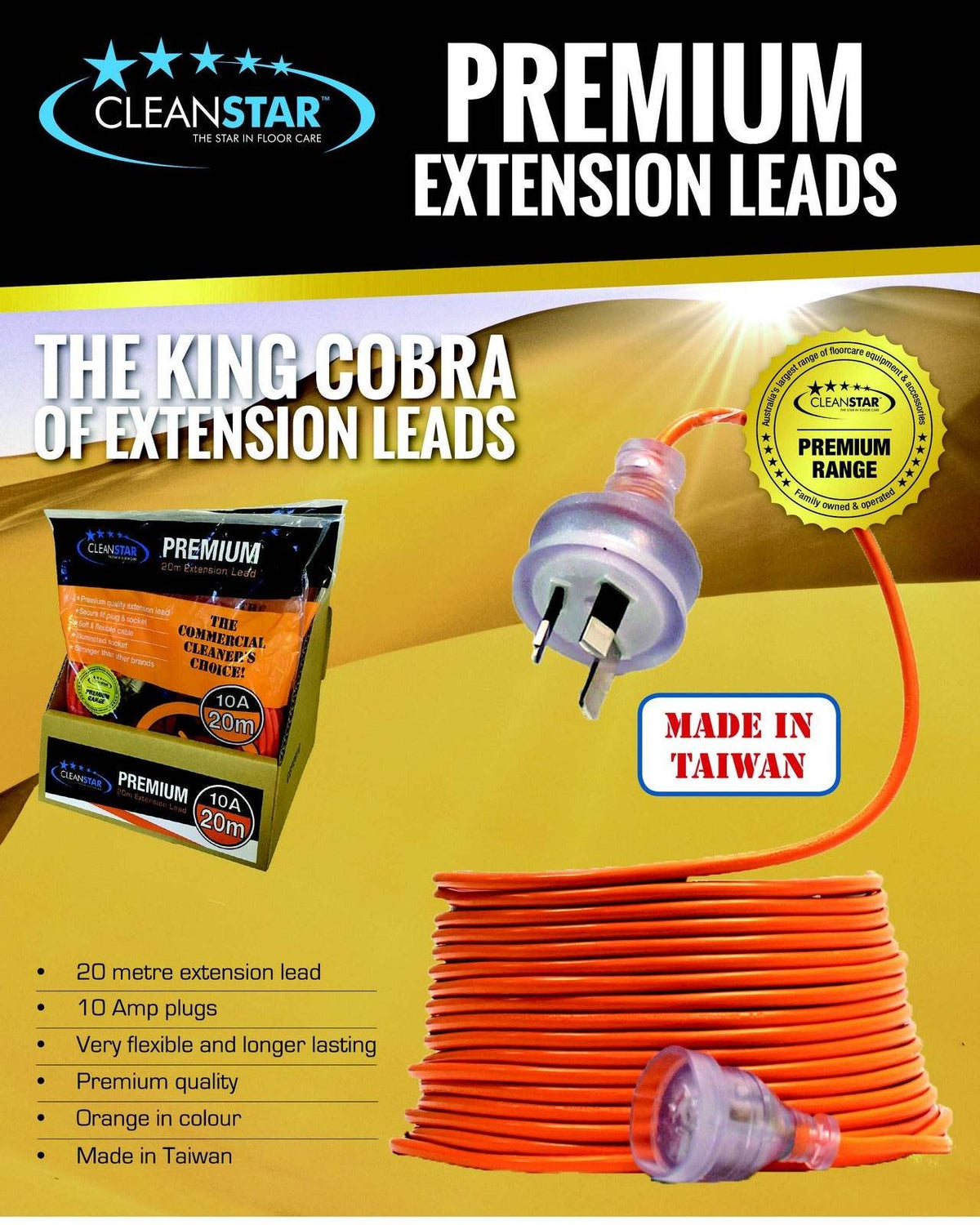 2 X Cleanstar Premium 20m 10amp Extension Lead Perfect for Cleaning Equipment - Parts bitz