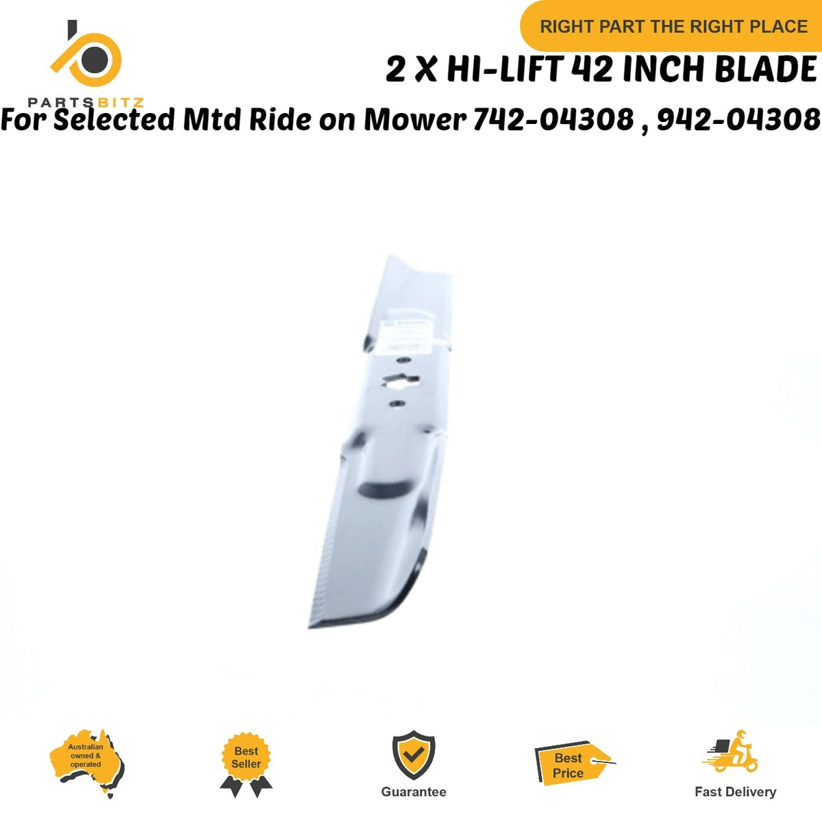 42" inch HI- LIFT Blade Set for Selected Mtd Ride on Mower 742-04308 , 942-04308 - Parts bitz