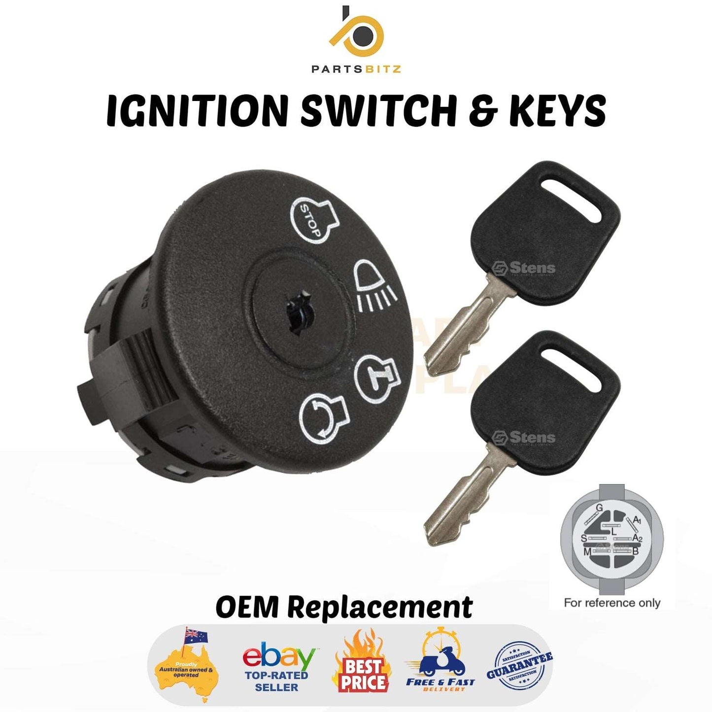 Ignition Switch & Two Keys Fits Selected Husqvarna , Murray , Briggs & Stratton Ride on Mower