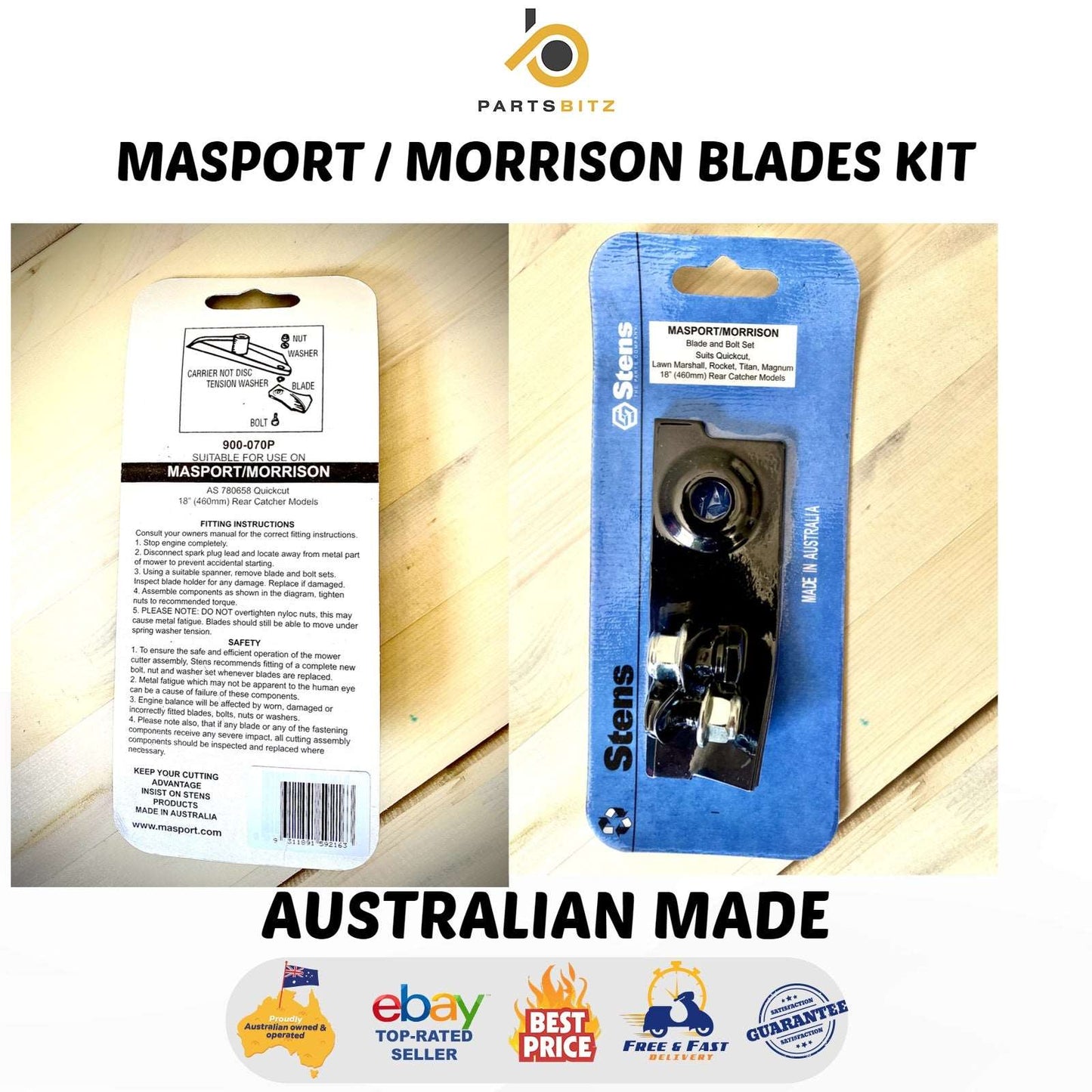 AUS Made 2 X Blades,Bolt Kit 18" for Masport & Morrison Mowers 780658 529594