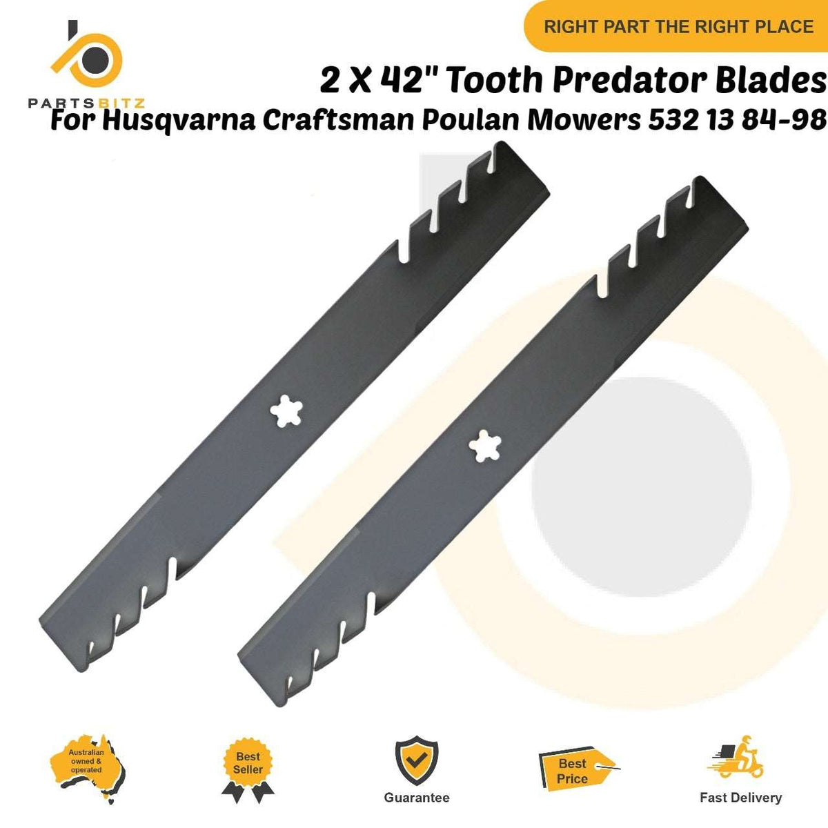2 X 42" Tooth Predator Blades for Husqvarna Craftsman Poulan Mowers 532 13 84-98 - Parts bitz