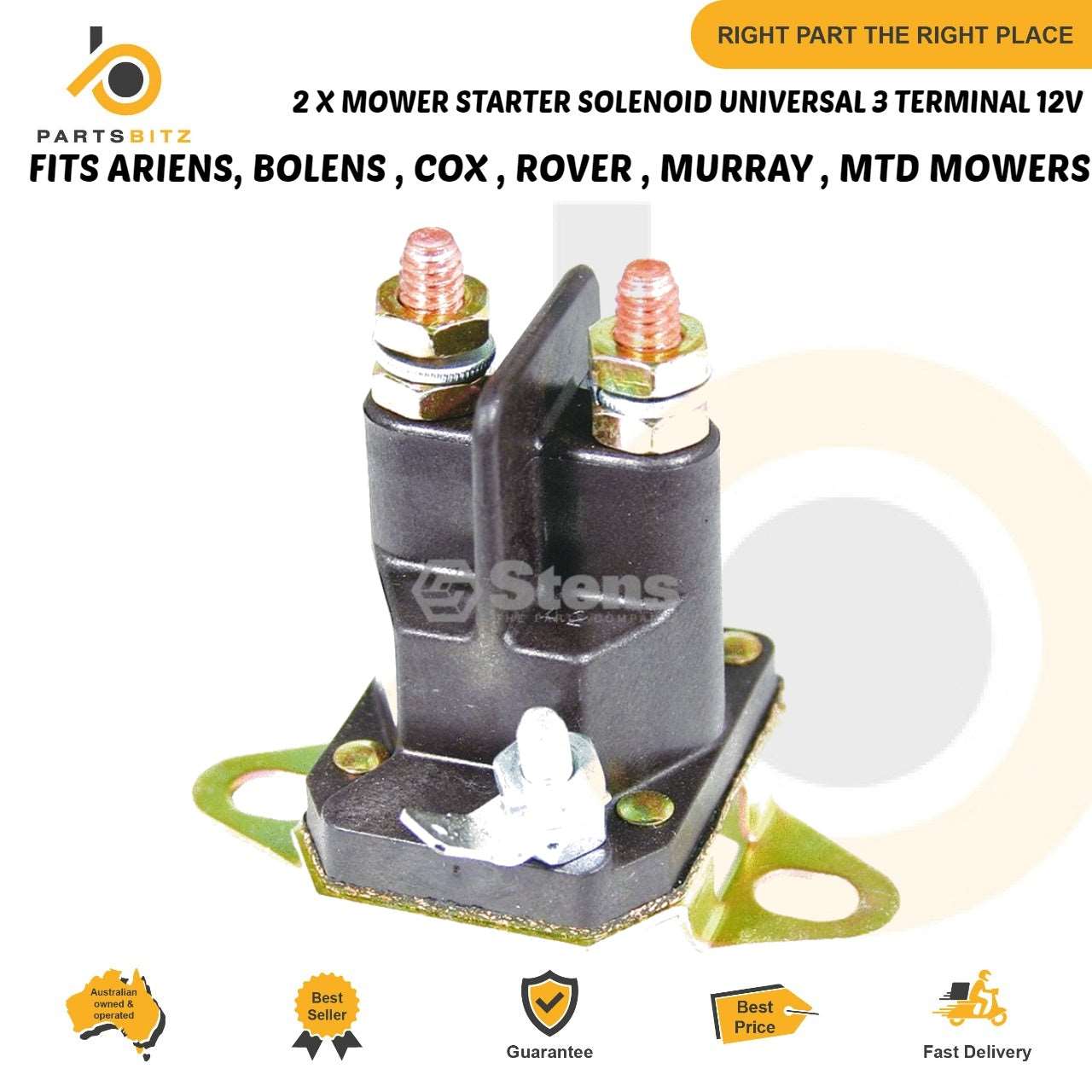 2 X Mower Starter Solenoid Universal 3 Terminal 12v Murray 7701100MA - parts bitz - #shop_name# -STENS