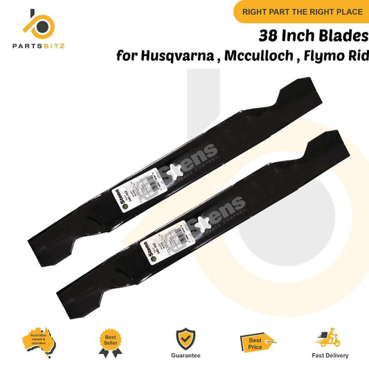 2 X 38 inch Blades for Husqvarna , Mcculloch , Flymo Ride on Mowers 532 12 78 42