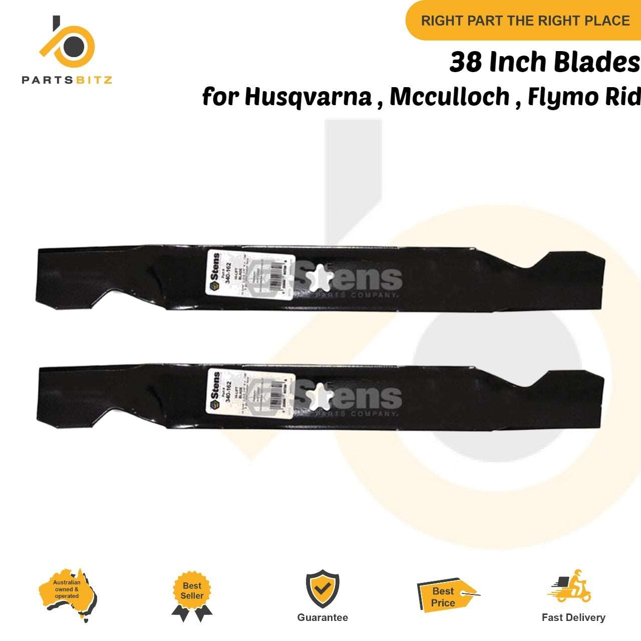 2 X 38 inch Blades for Husqvarna , Mcculloch , Flymo Ride on Mowers 532 12 78 42