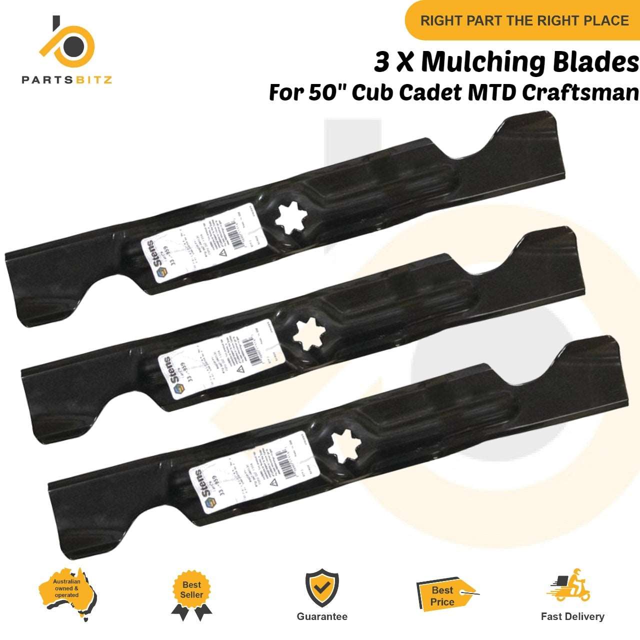 3 X  Mulching Blades fits 50" Cub Cadet MTD Ride on Mower 742-04053 942-04053 B