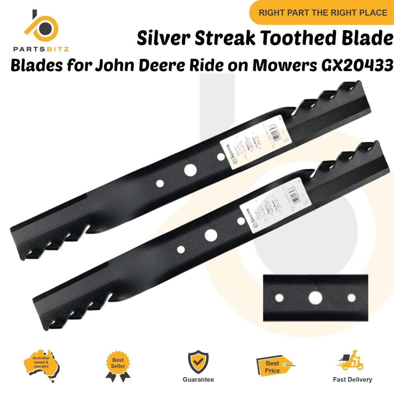 2 X 42" Heavy Duty Toothed Blades for John Deere Ride on Mowers GX20433