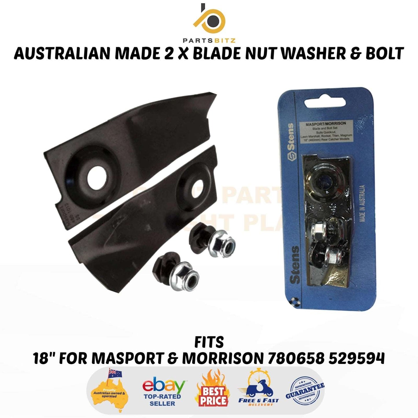 AUS Made 2 X Blades,Bolt Kit 18" for Masport & Morrison Mowers 780658 529594