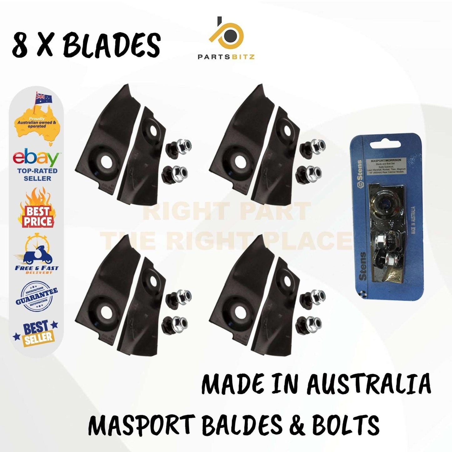 AUS Made 8 x Blades , Bolt Kit 18" Fits Masport & Morrison Mowers 780658 529594