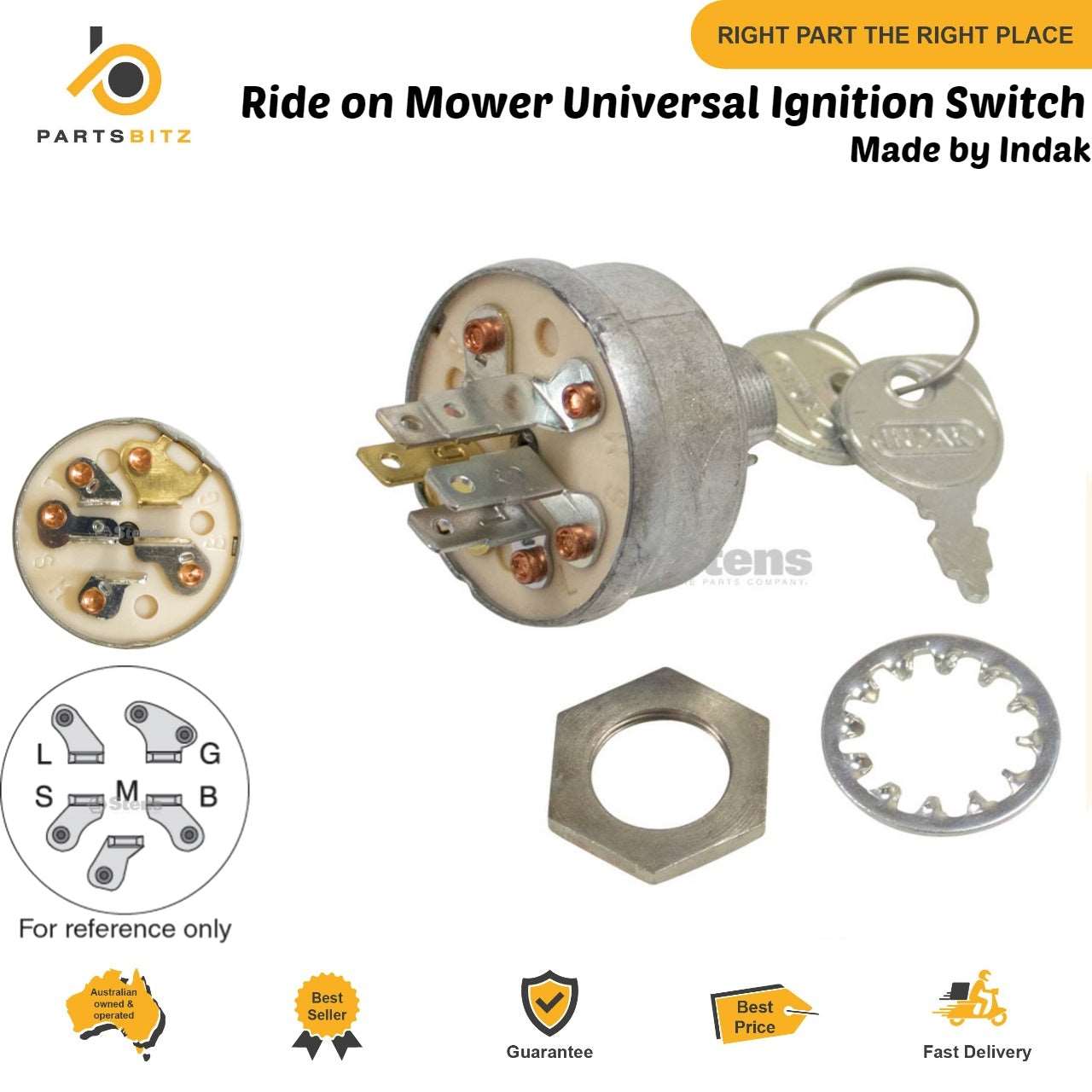 Ride on Mower Universal Ignition Switch 5 Spade Terminals 3 Position Type - parts bitz - #shop_name# -Stens