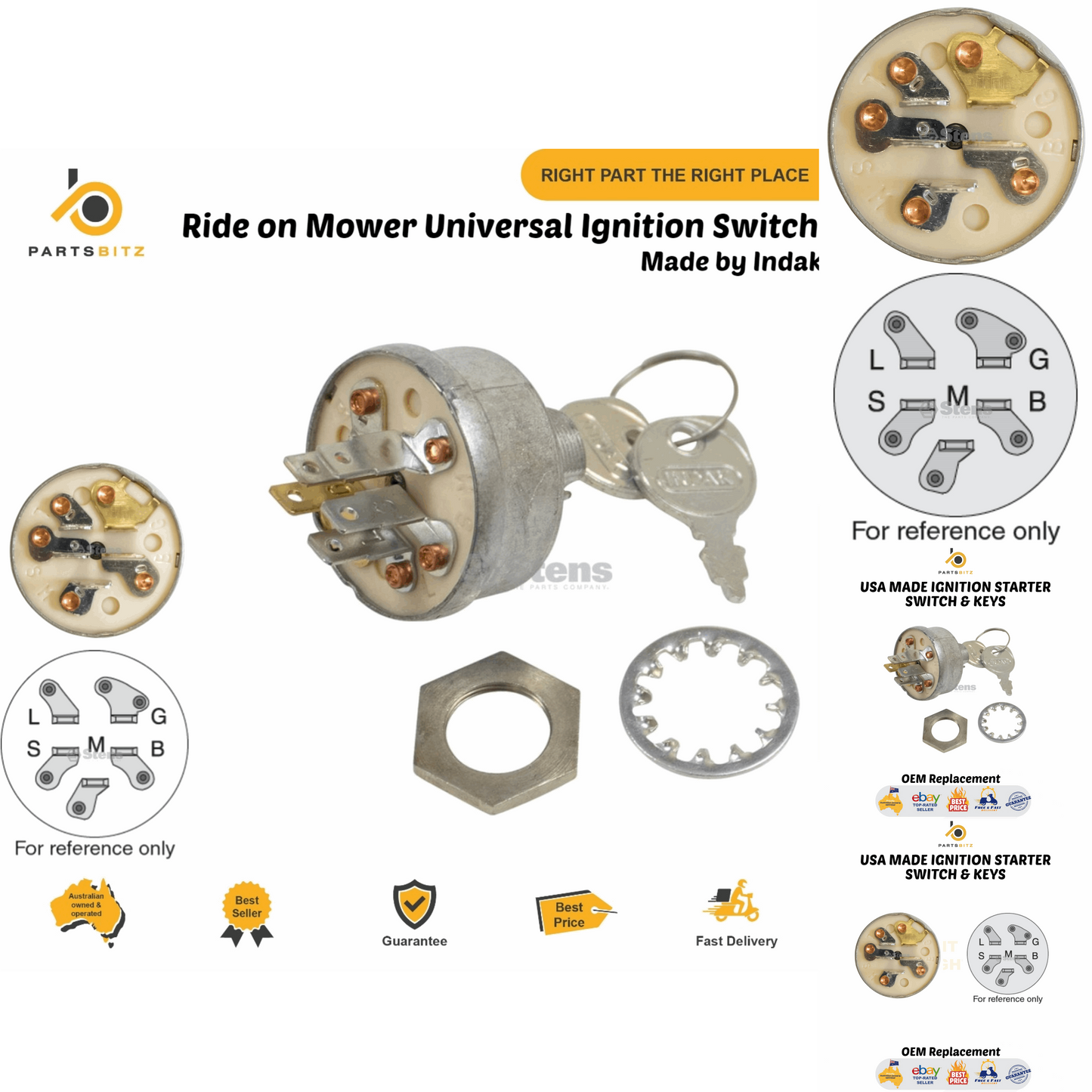 Ride on Mower Universal Ignition Switch 5 Spade Terminals 3 Position Type - parts bitz - #shop_name# -Stens