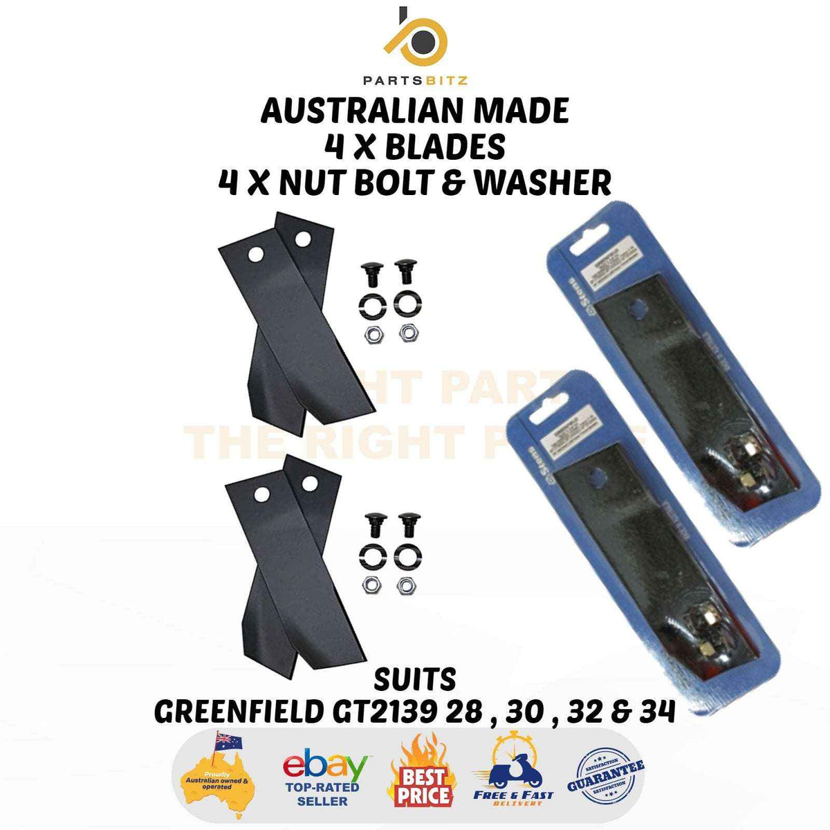 Australian Made 4 X Blade & Bolts for Greenfield Gt2139 28 , 30 , 32 , 34" Mower - Parts bitz