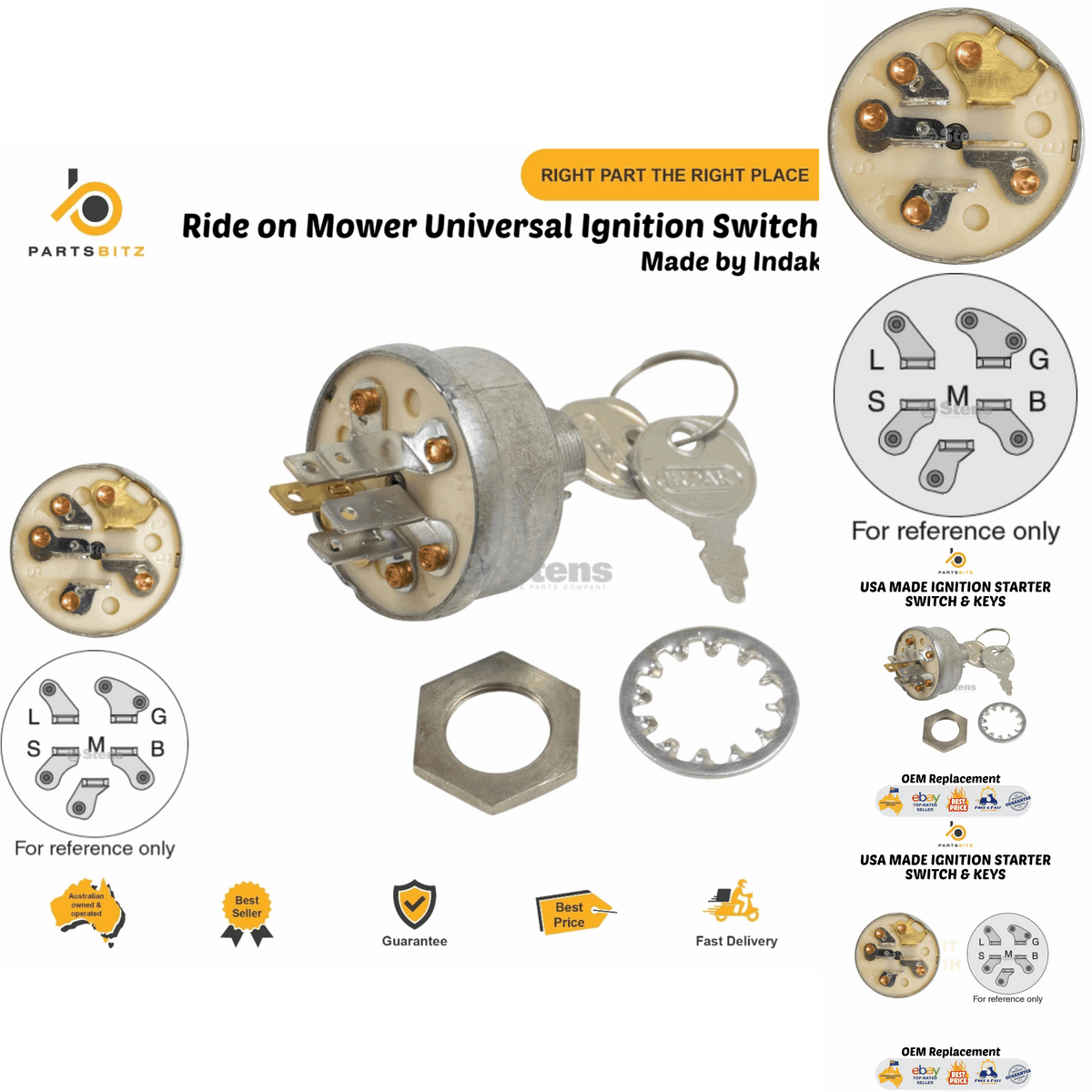 Ride on Mower Universal Ignition Switch 5 Spade Terminals 3 Position Type - Parts bitz